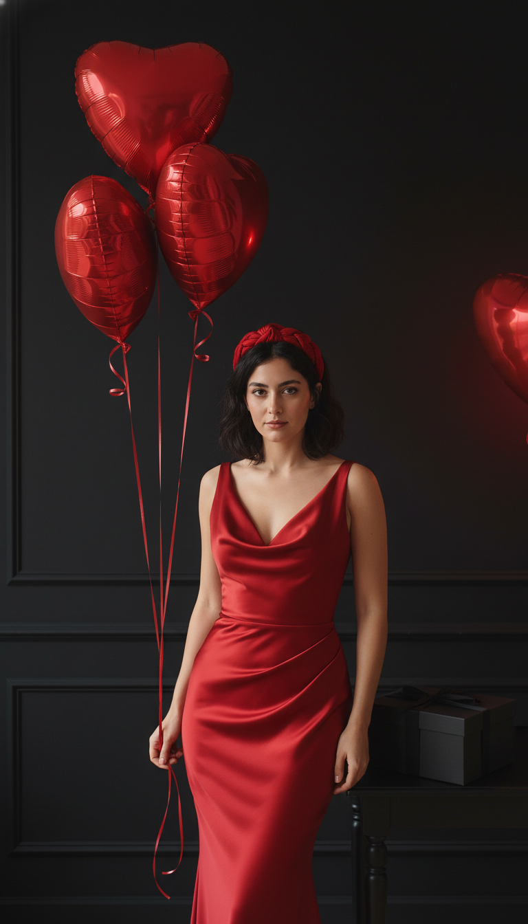 پرامپت پرتره ولنتاین لاکچری زنانه | پیراهن قرمز با استایل مشکی مینیمال