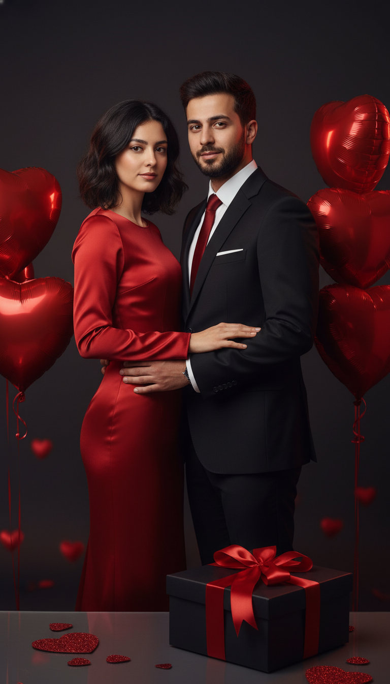 پرامپت پرتره زوج ولنتاین لاکچری | استایل قرمز و مشکی فشن