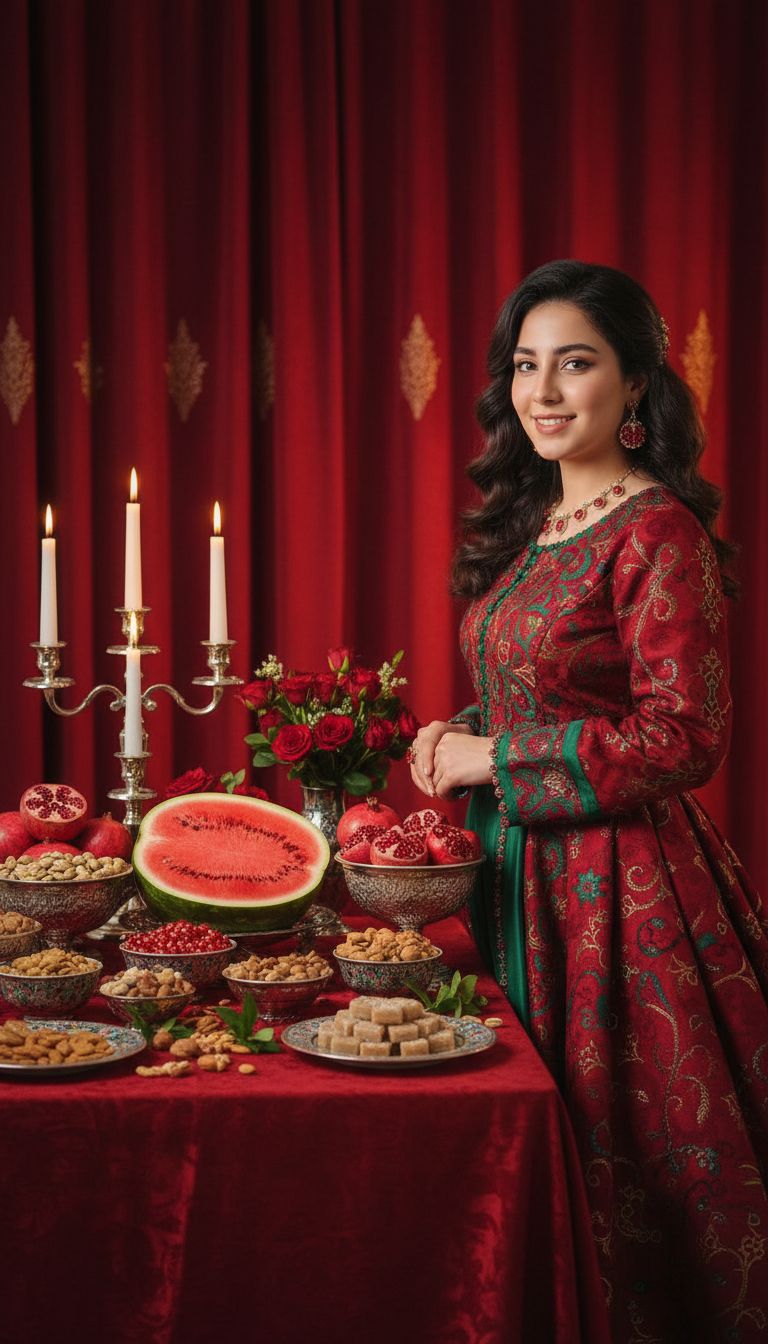 پرامپت پرتره لوکس شب یلدا | زن شیک‌پوش با میز جشن و نور سینمایی