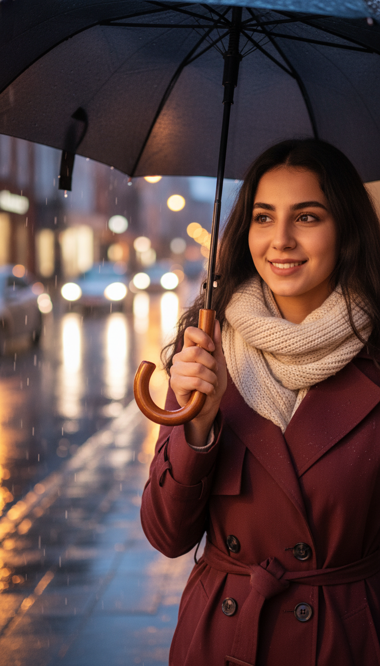 پرامپت پرتره خیابان بارانی با چتر باز