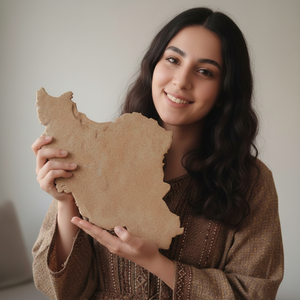 پرامپت پرتره هویت ایرانی | نقشه سنگی دقیق ایران در دستان سوژه