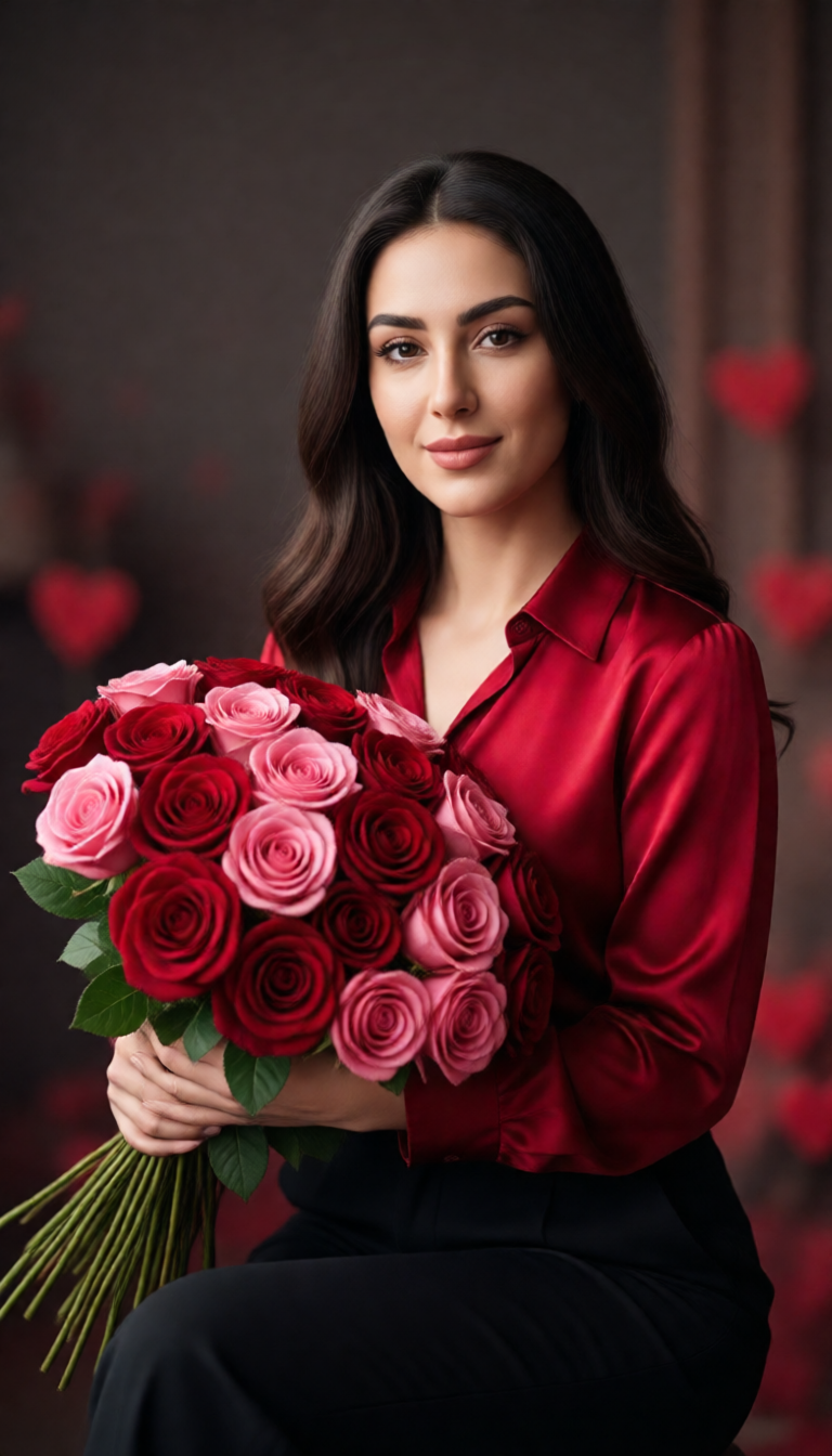پرامپت پرتره ولنتاین زنانه شیک | بلوز قرمز رسمی با دسته‌گل لوکس