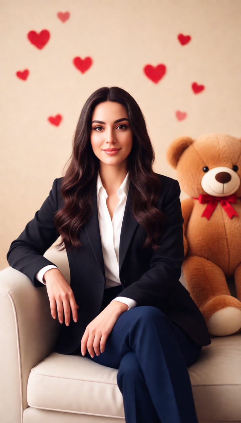 پرامپت پرتره ولنتاین مینیمال زنانه | نشسته روی مبل با عروسک خرسی