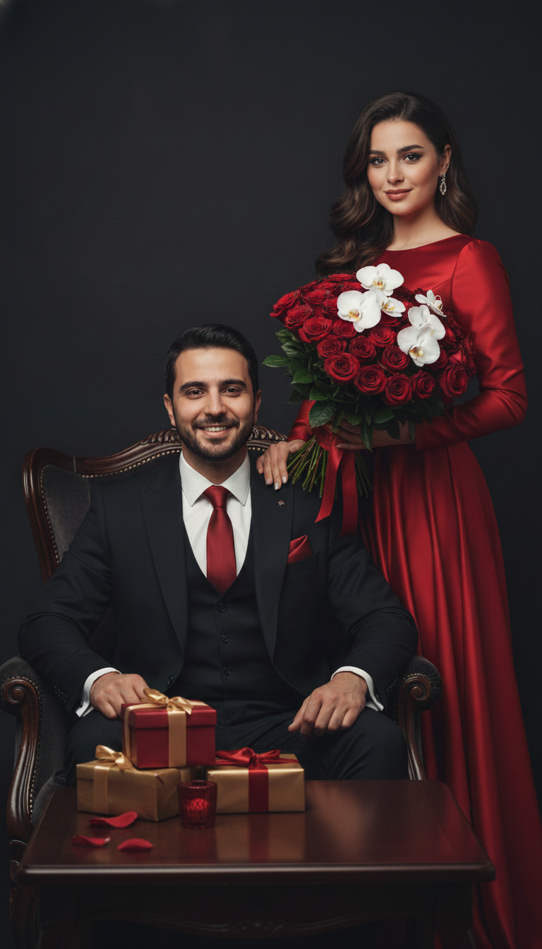 پرامپت پرتره زوج ولنتاین رسمی و لوکس | استایل پوشیده با گل و میز هدیه