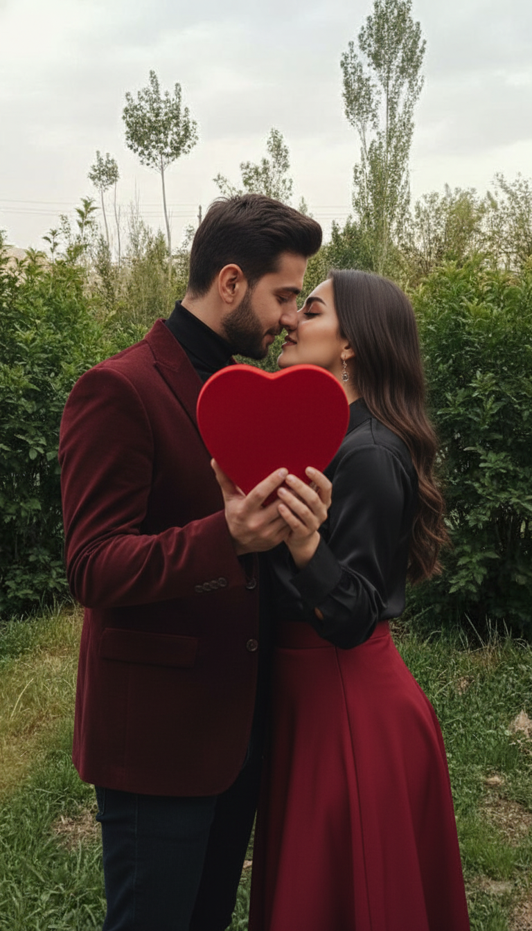 پرامپت پرتره ولنتاین هنری | قلب نمادین با نگاه عاشقانه زوج